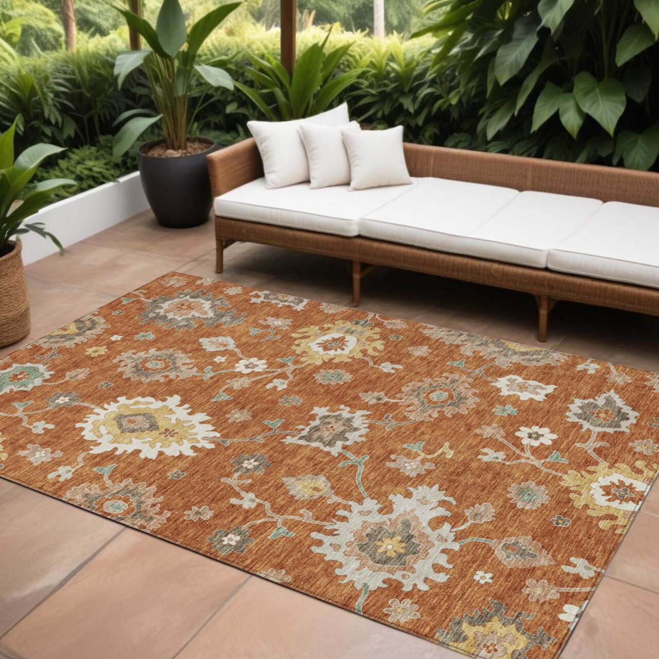 Edge Collections - 8' x 10' - Orange - Area Rug for Floral Indoor Use and Outdoor Washable - 1 Piece